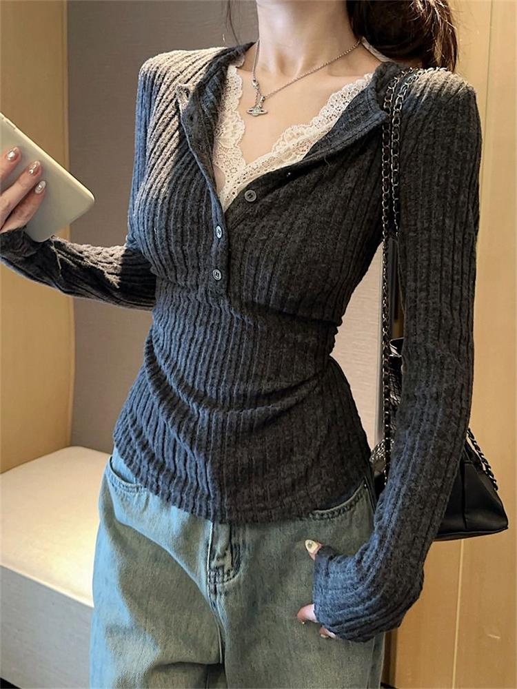 Men'S Fashion Aesthetics - Women's Top Lace Patchwork Long Sleeve